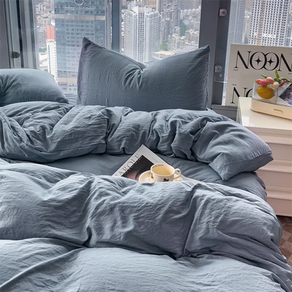 Washed Cotton Bedding Set,Bed Sheet Set, Linen Feel, Super Soft, Comfortable, 4-Piece Duvet Cover Set, Durable and Easy Care.