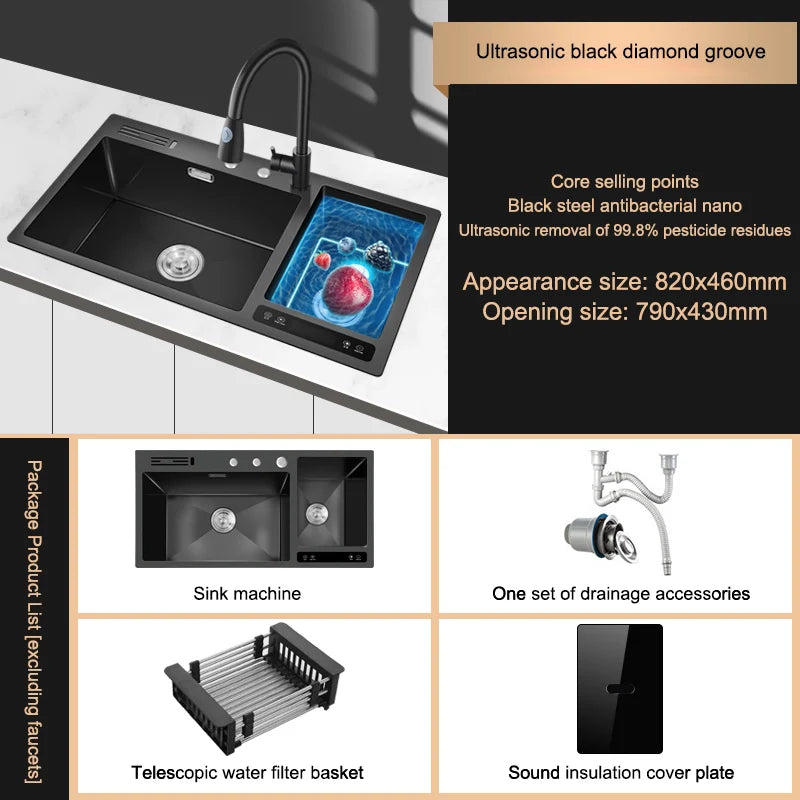 Kitchen Sink Stainless Steel Dishwashing Sink Ultrasonic Sink Dishwasher Multifunctional Intelligent Net Washer For Kitchen