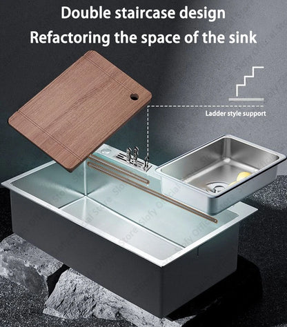 Küchenspüle aus Edelstahl 304, großes Fassungsvermögen, Wasch-/Schnitt-/Abfluss in einem, komplettes Set, multifunktionale Gemüse-Arbeitsstation für den Haushalt