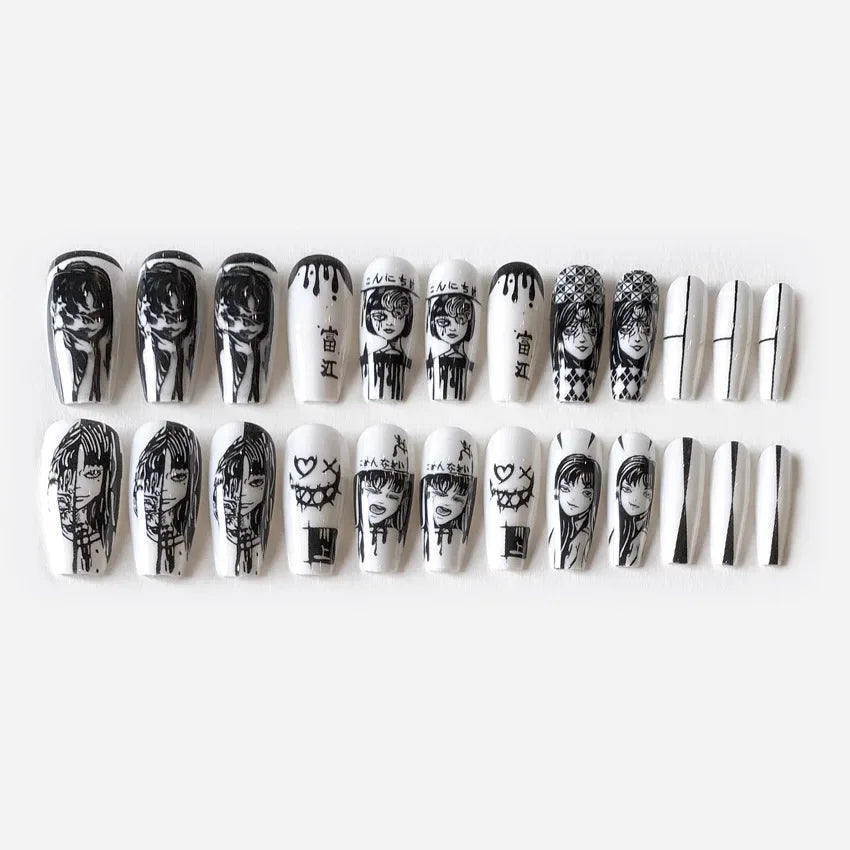24Pcs Horror Comic Tomie Press on Nails Almond Glossy Black Japanese Anime Nails Reusable Halloween False Nail Tips for Girls.