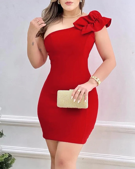 Sommer Mode Rot Applikationen Frauen Mini Party Kleid Bodycon Elegante Rüschen Sexy Eine Schulter Geburtstag Abend Club Outfits