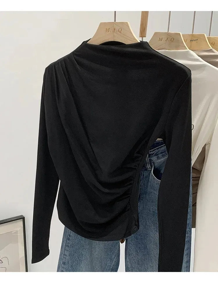Early Autumn Pure Color High Neck Pleated Slim Fit Sexy Base Shirt Women's Fashionable Crew Neck T-shirt Full Sleeve China Origi