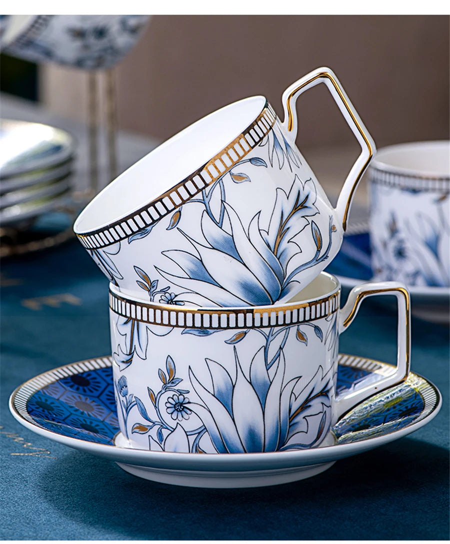 Elegant Cup and Saucer Set Bone China Sugar Jar Milk Jug Coffee Pot Set Cyan Magnolia Home English Mug Teaset Dessert Plate.