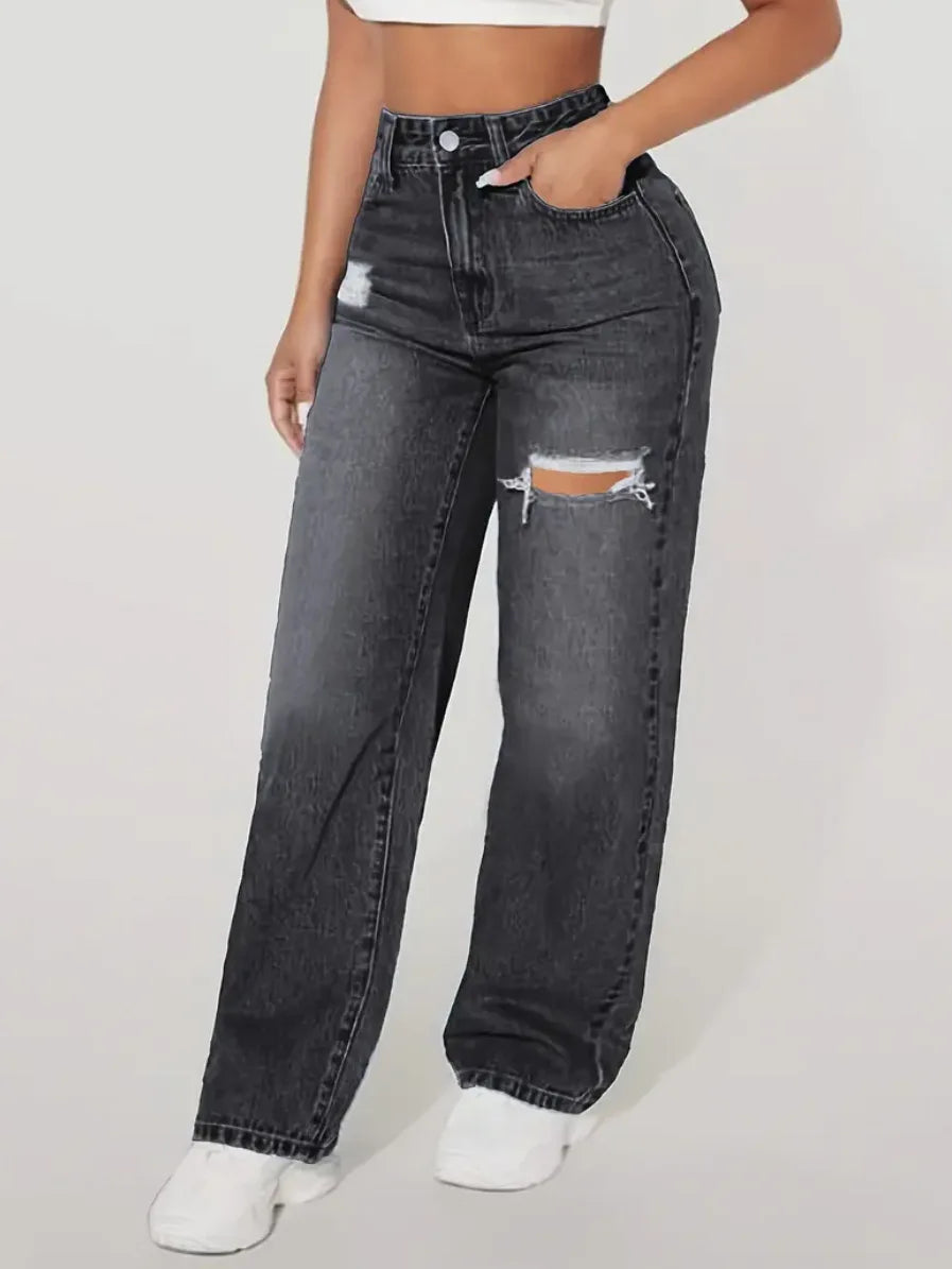 Mom Jeans Women Denim Pant Wide Leg Long Pants Hole High Waist Straight Trousers Y2k Streetwear Work Splice Casual 2025 Punk.