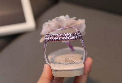 Girls Sandals 2023 Summer New Bling Flowers Baby Children Fashion Soft Bottom Student Shoes Kid's Slippers Pink Flats Flip Flops