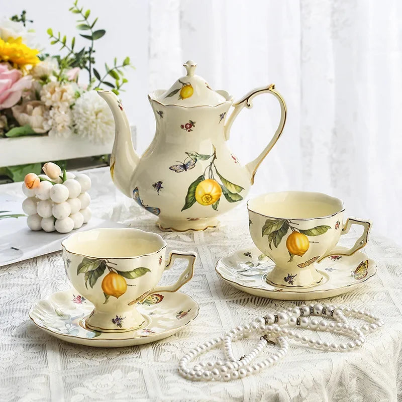European Style Ceramic Mug Coffee Cup and Saucers Set Lemon Pattern Retro Afternoon tea cup Dessert Plate Teapot Home kettle.