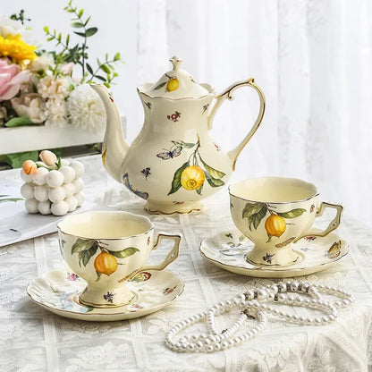 European Style Ceramic Mug Coffee Cup and Saucers Set Lemon Pattern Retro Afternoon tea cup Dessert Plate Teapot Home kettle.