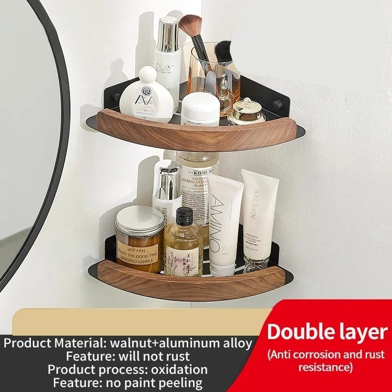 Badezimmer-Aufbewahrungsregal aus Holz und Aluminium, Aufbewahrungsregal für Badezimmer, perforationsfrei, Wandbehang, Waschtisch, WC, dreieckiges Eckregal