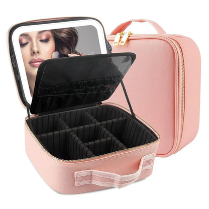 Makeup Bag with LED Mirror Travel Large Train Case Cosmetic Organizer Make Up Bags with 3 Color Lights and Adjustable Dividers.