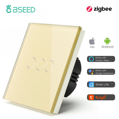 BSEED Zigbee 1/2/3Gang Touch Schalter Smart Wand Licht Schalter Tuya Google Smart Leben Alexa App Steuerung glas Panel Keine Neutral