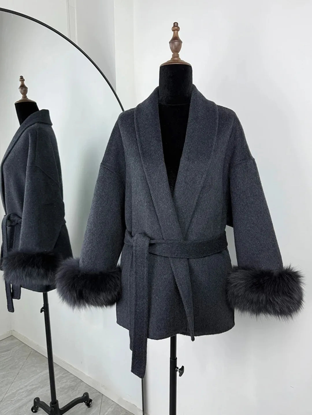 2025 Autumn Winter Chic Lapel Plush Coat With Belt Women Vintage Faux Fur Sleeve Tweed Open Coats Female Casual Street Outwear