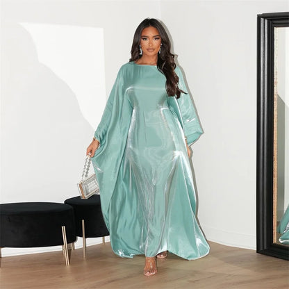 Siskakia Muslim 2024 New Eid Dresses Solid Shiny Satin Batwing Sleeve Modest Kebaya Turkish African Women Abayas Saudi Clothing.