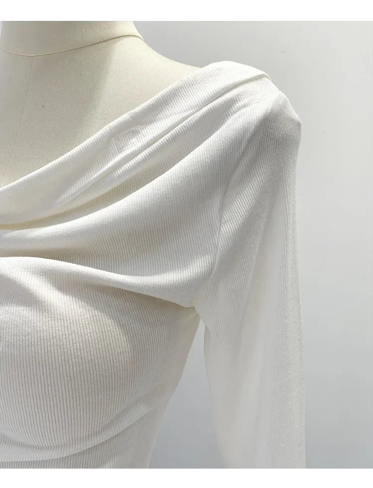 Off-The-Shoulder Long Sleeve T-Shirt Women's Early Autumn New Slimming Design Korean Style Sweet And Spicy Fashion Tops.