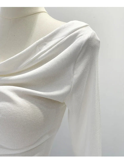 Off-The-Shoulder Long Sleeve T-Shirt Women's Early Autumn New Slimming Design Korean Style Sweet And Spicy Fashion Tops.