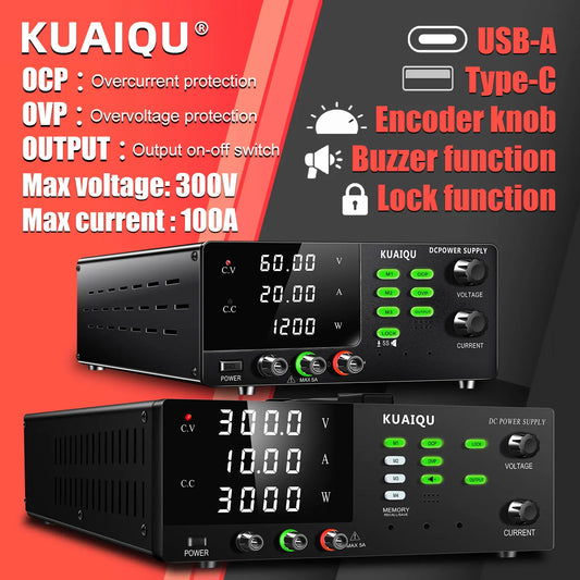 KUAIQU 3000W High Power Adjustable Bench Power Supply 1000V 300V 200V 100A 60A 30A Lab Power Supply OCP Alarm OVP Output Switch.