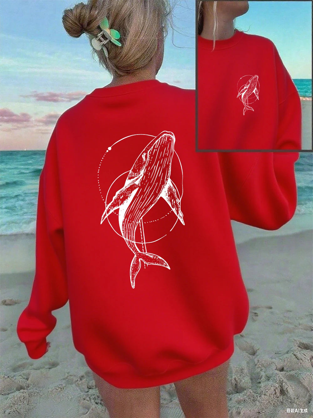 Humpback Whale Printing Sweatshirts Women Casual Crewneck Hoodies Winter Fleece Warm Pullover Loose Comfortable Womans Clothes.