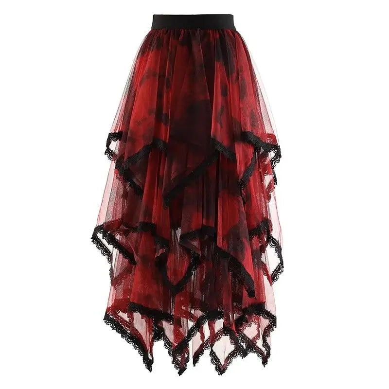 Irregular Hem Lace Cake Mesh Midi Long Skirt High Elastic Waist Ball Gown Harajuku Gothic Cosplay Maxi Skirts Red Party Skater.
