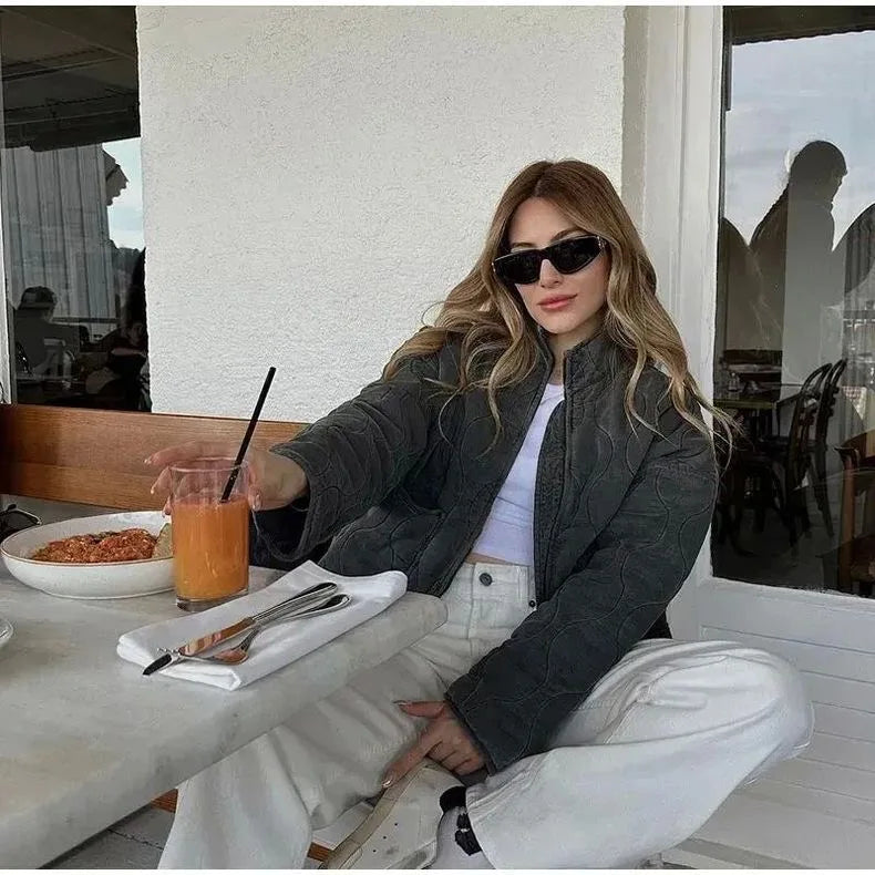 ZW Women's Cotton Jacket  2025 New Arrival Vintage Lenzing Rayon High Collar Large Pocket Decorative Quilted Coat for Women.