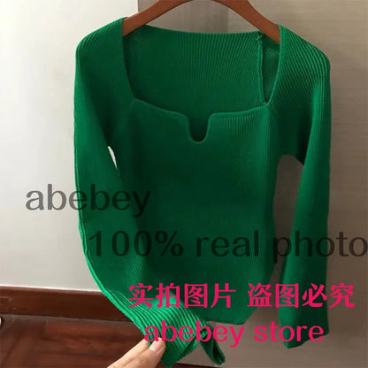 Quadrat Kragen Langarm Frau Pullover Gestrickte Pullover Frauen Frühling Herbst Pullover Winter Tops Für Frauen Schwarz Weiß Jumper