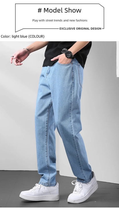 Light Blue American Retro Jeans Men Soft Loose Straight Cylinder High Street Workwear Casual Loose Legs Pants.