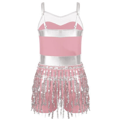 Kinder Mädchen Latin Tanz Kostüm Jazz Samba Cha-Cha Eiskunstlauf Trikot Kleid glänzende Pailletten Quaste Bodysuit für Bühnen performance.