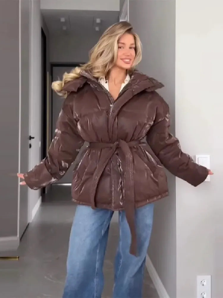 Frauen Glänzend Herbst Winter Mit Kapuze Baumwolle Gefütterte Jacke Lose Lange Hülse Spitze Up Warme Mantel 2025, Neue Dame Mode Party outwear