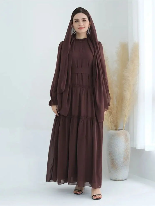 Ramadan Eid Chiffon Muslim Modest Khimar Abaya Set Dubai Turkey Islam Dress Abayas For Women Kebaya Kaftan Robe Femme Musulmane.