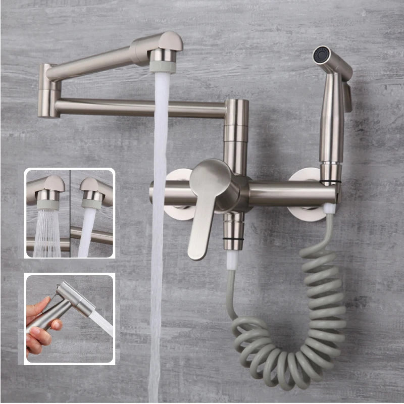 KEMAIDI Pot Filler Faucet Wall Mount Folding Faucet 2 Handle with Double Joint Swing Arms Brass Commercial Kitchen Faucets