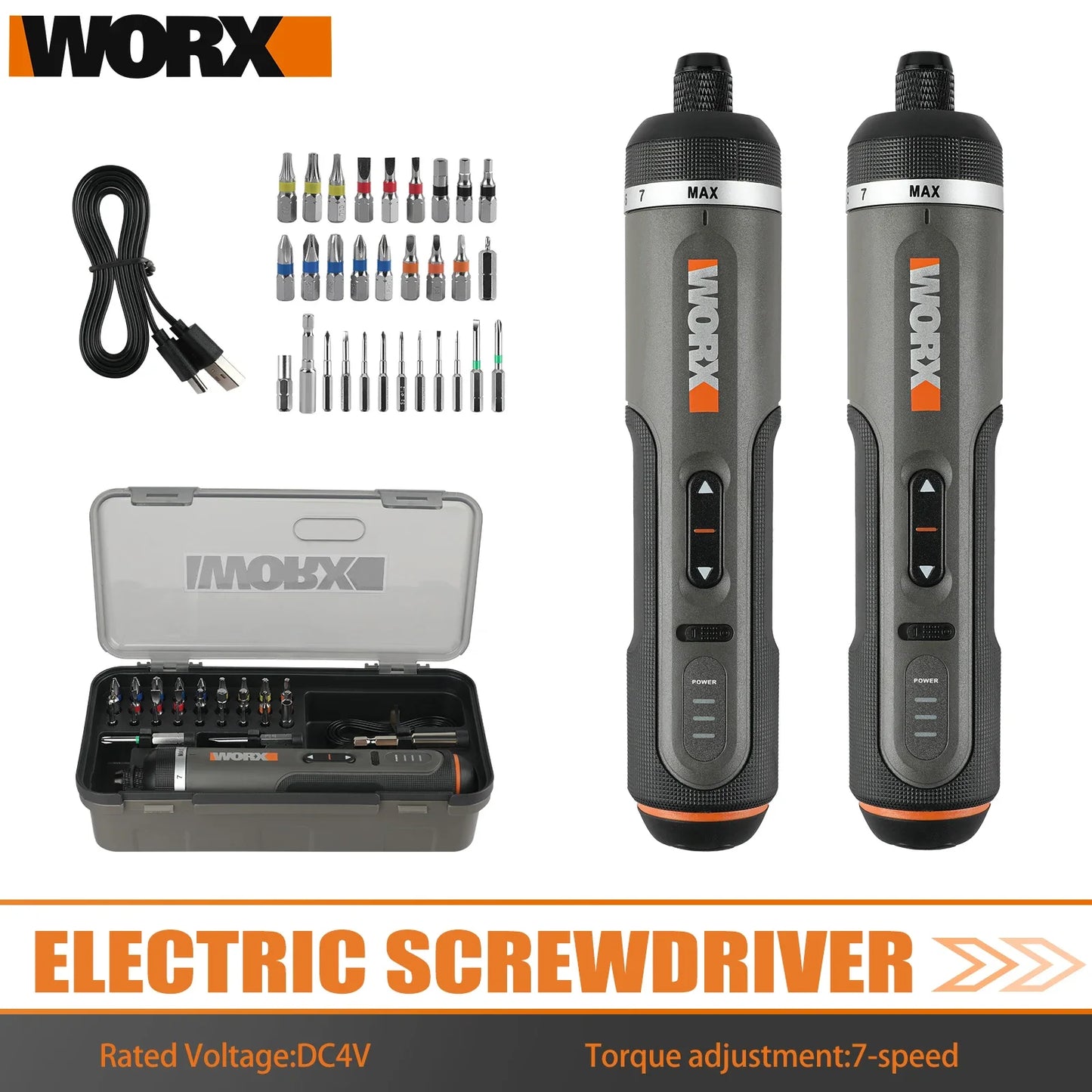 Worx WX242 Elektroschrauber-Set, intelligenter Akku-Bohrschrauber, Schraubendreher, USB-Ladegriff, 30-teiliges Set, Elektroschrauber