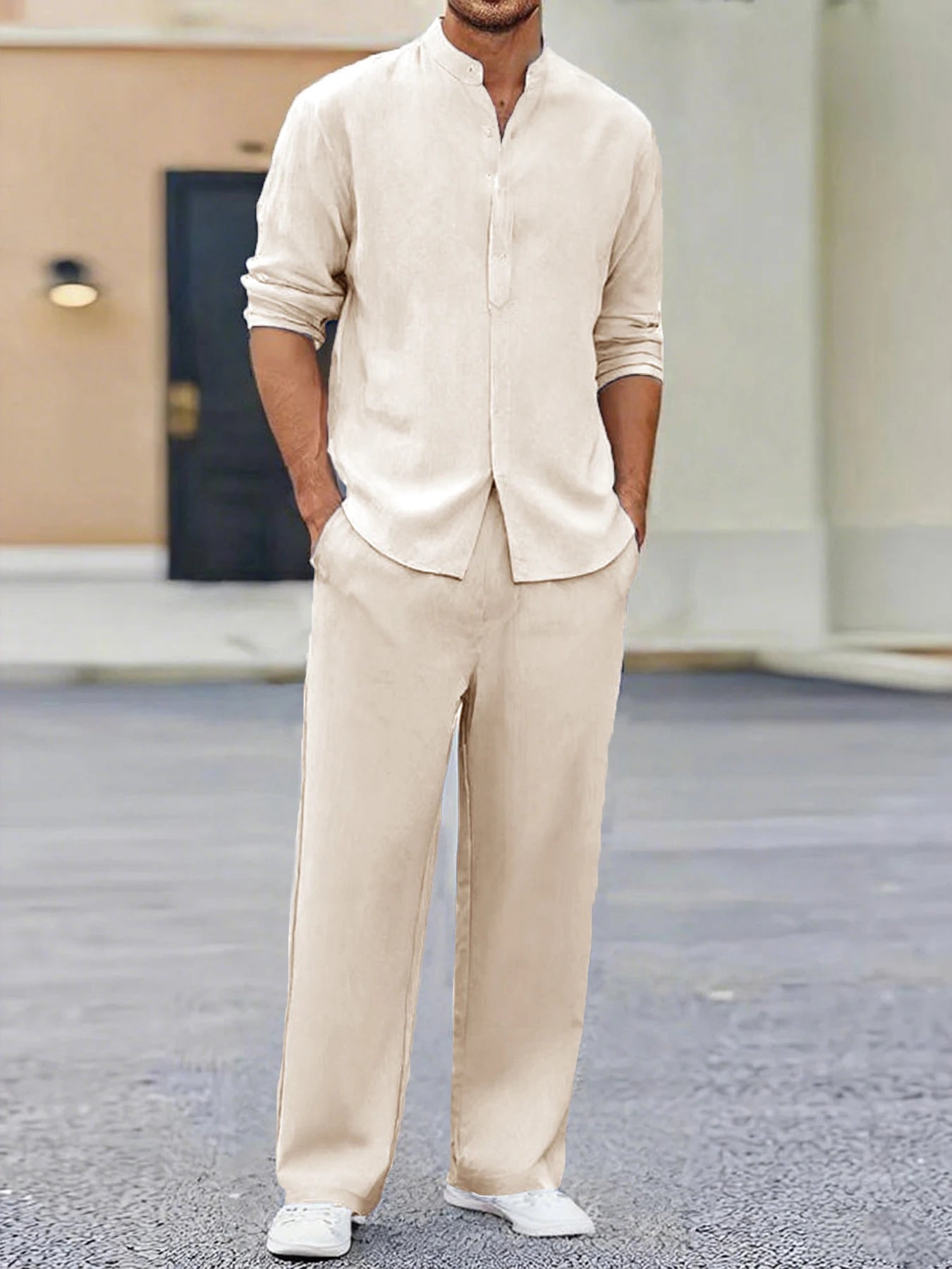 Summer Men's Two Pieces Casual Outfit Loungewear Solid Color Long Sleeves Shirt Breathable Trousers Suits Men Loose Streetwear.