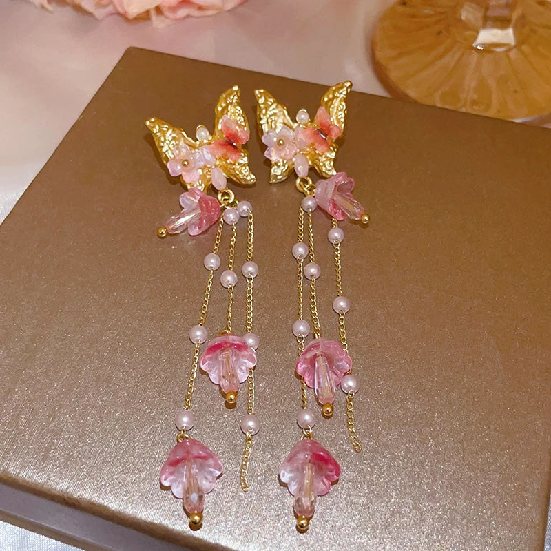 Pink Butterfly Earrings With Long Tassel Sparkly Zircon Crystal Imitation Pearl Beads Earrings Light Luxury Party Ear Jewelry.