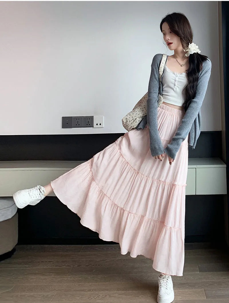 Spring Summer Women Long Skirts Fashion High Waist Elastic Patchwork A-Line Skirt Casual All-Match White Cake Maxi Skirts Female.