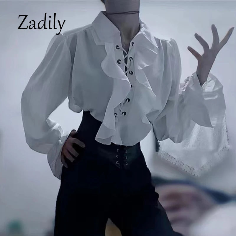 Pirate Shirt for Men Vintage Gothic Renaissance Style Frilled Lace-Up Medieval Buccaneer Blouse Top for All Seasons.