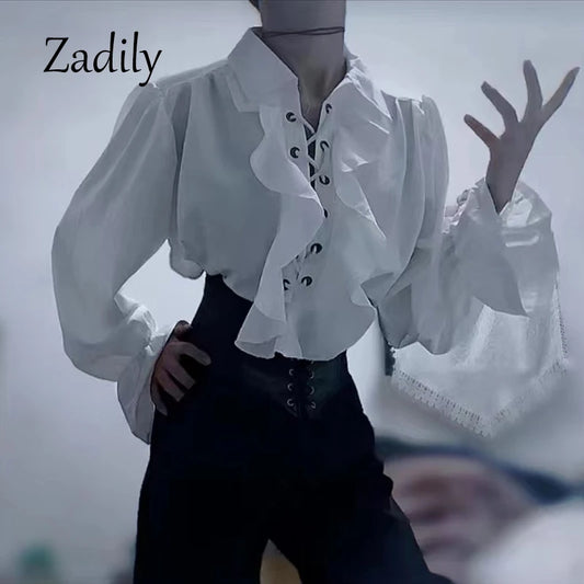 Pirate Shirt for Men Vintage Gothic Renaissance Style Frilled Lace-Up Medieval Buccaneer Blouse Top for All Seasons.