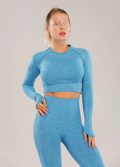 Noennamenull Women's Long Sleeve Yoga Set Seamless Knit Fitness Clothing Quick Dry Export Quality Cross Body Top.