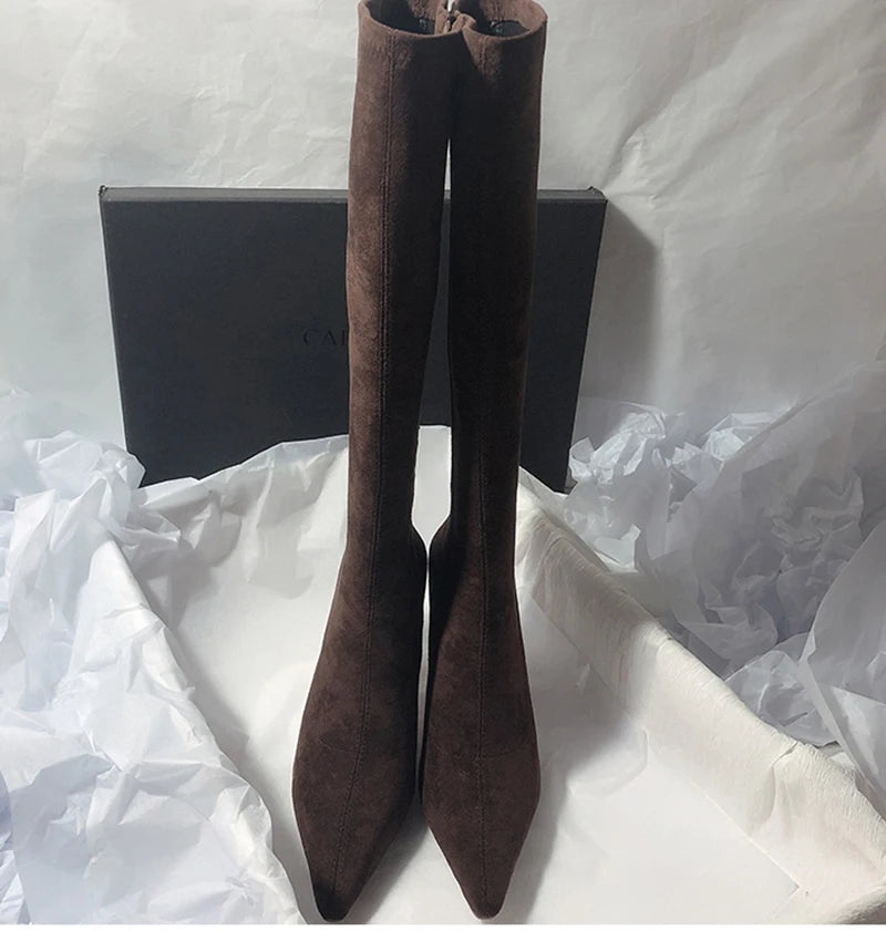 Women Stretch Modern Long Boots Fashion Pointed Toe Knee High Booties Designer High Heels Shoes.