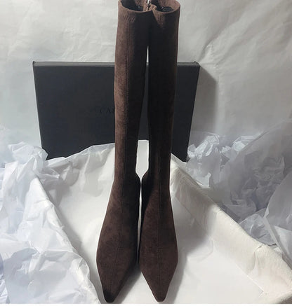 Women Stretch Modern Long Boots Fashion Pointed Toe Knee High Booties Designer High Heels Shoes.