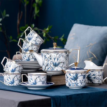 Elegant Cup and Saucer Set Bone China Sugar Jar Milk Jug Coffee Pot Set Cyan Magnolia Home English Mug Teaset Dessert Plate.