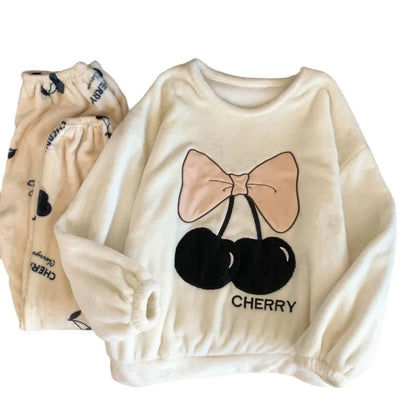 Thickened Warm Sleepwear for Winter Cartoon Flannel Pajamas Homewear Women Velvet Coral Velvet Cartoon Bear Nightwear Loungewear.