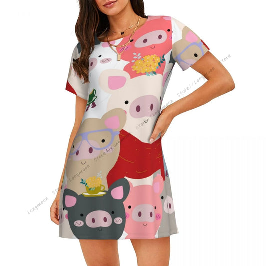 Sommer-Damen-Pyjama, Vintage-Stil, süßes Babyschwein, blau, grau, Pastell, Cartoon-Comic-Kunst, kurzärmeliges Nachthemd, dünner langer Rock, Homewear
