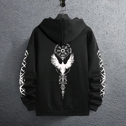 2025 Brand New Black Sweatshirts Autumn Winter Male Daily Casual Sporty Jogging Hoodie Men's Ancient Viking Raven Print Pullover