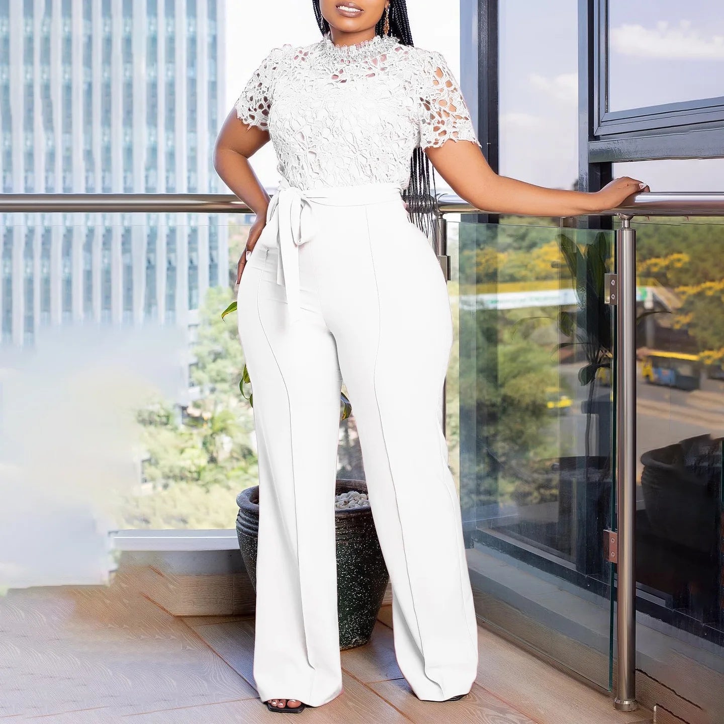 Elegant Jumpsuits & Rompers for Women O Neck Lace Patchwork Short Sleeve Sashes High Waisted Luxury Birthday Party Dinner Outfit