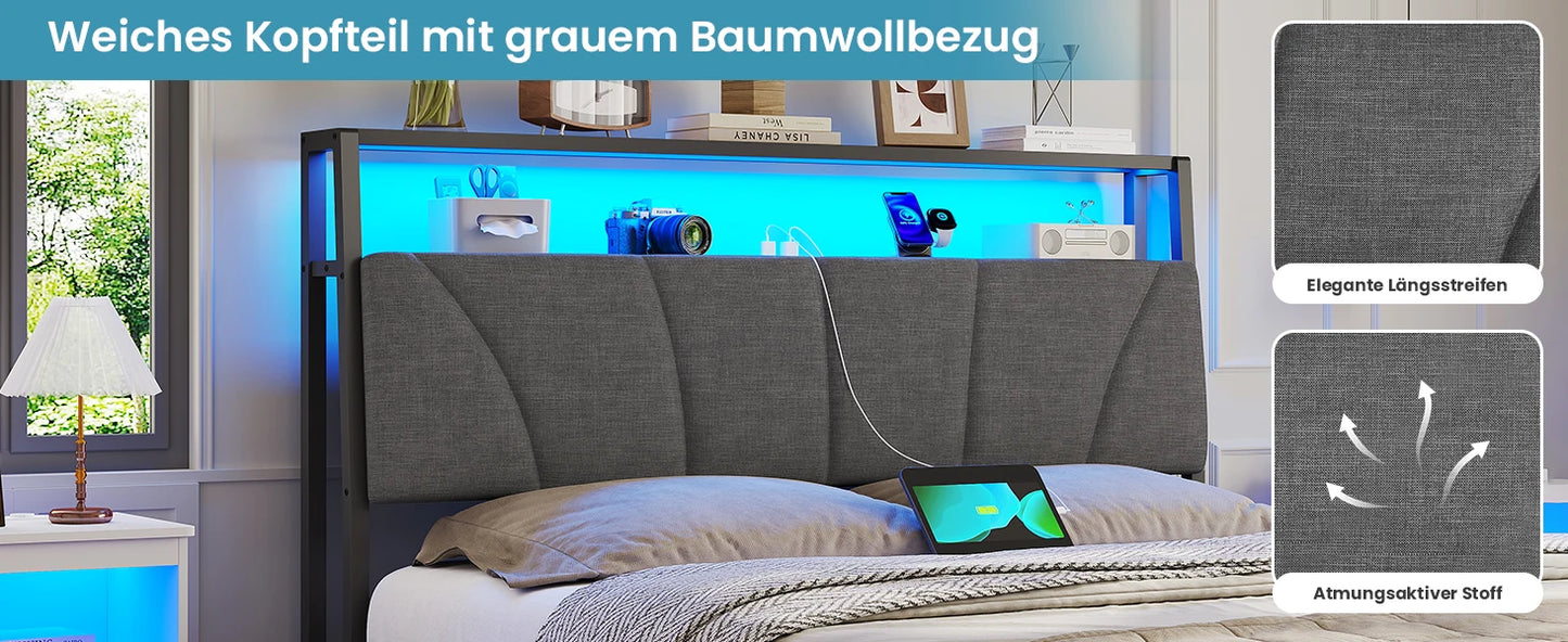 Metallbettgestell 140 x 200 cm mit LED-Beleuchtung, Kopfteil und Ladestation, integriertes Metallbett 140 x 200 mit Gitterbraten