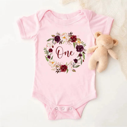 Kleinkind-Body mit Blumen- und Ein-Druck, lässig, kurzärmelig, für den ersten Geburtstag, Baby-Strampler, Sommer-Geburtstagsfeier, Blumenmädchen-Kleidung.