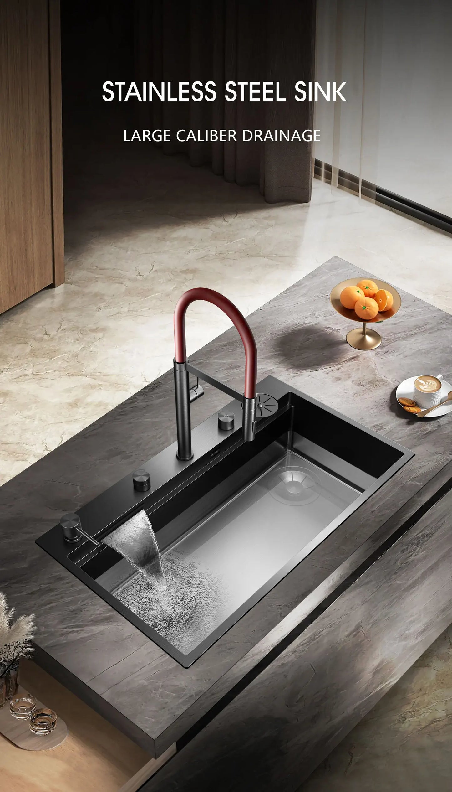 ASRAS large kitchen stainless steel nano sink with built-in waterfall faucet and large drainage outlet design