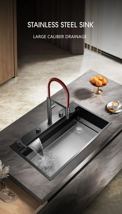 ASRAS large kitchen stainless steel nano sink with built-in waterfall faucet and large drainage outlet design