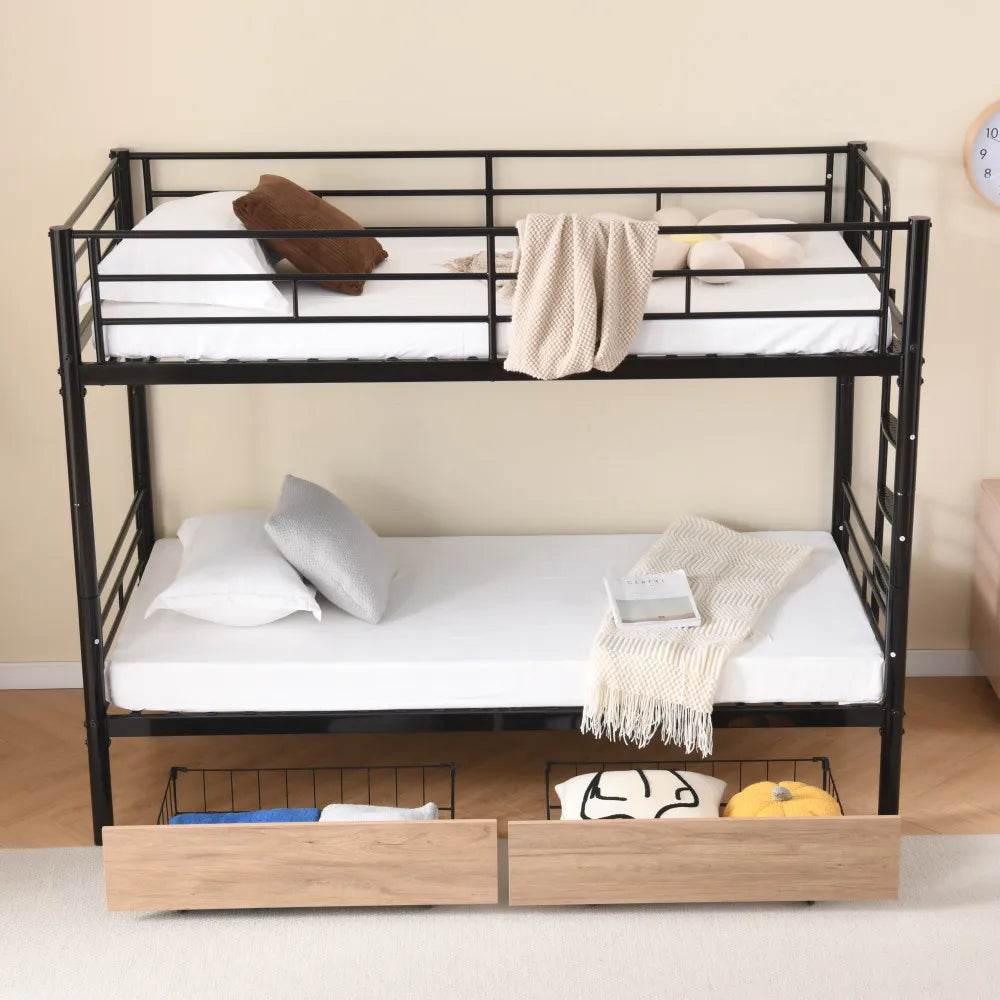 Etagenbett aus Metall, 90 x 200 cm, Etagenbett mit ausklappbarem Bett, erweiterbar auf zwei Einzelbetten oder Erwachsenenbetten, Schwarz