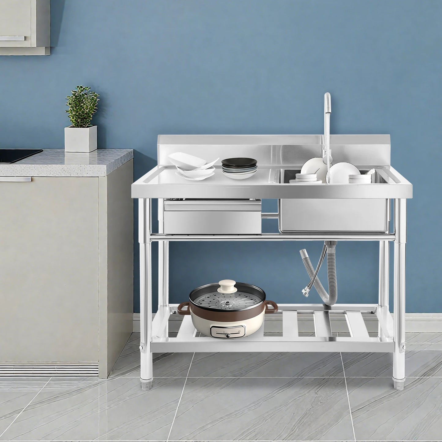 Unabhängiges Einzelwaschbecken für die Küche, Waschbecken aus Edelstahl für Küche, Badezimmer, maximale Tragfähigkeit 150 kg