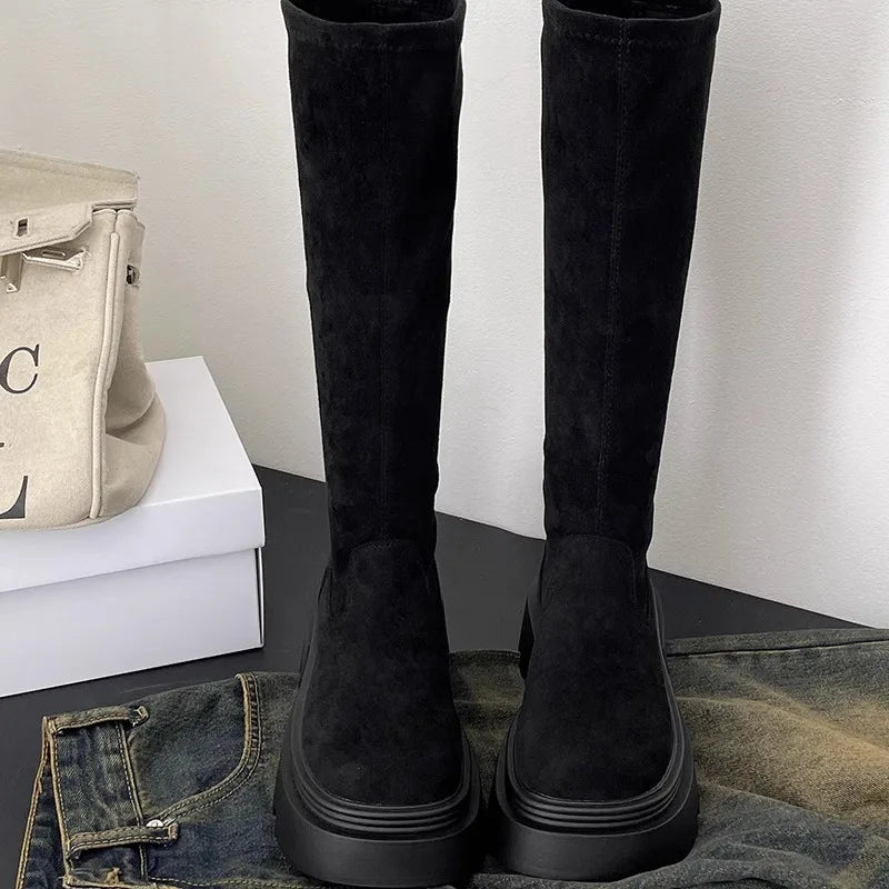 Winter Platform Punk Style Woman Knee High Boot Concise Slip On Elastic Slim Shoes Ladies Thick Bottom Knight Long Booties