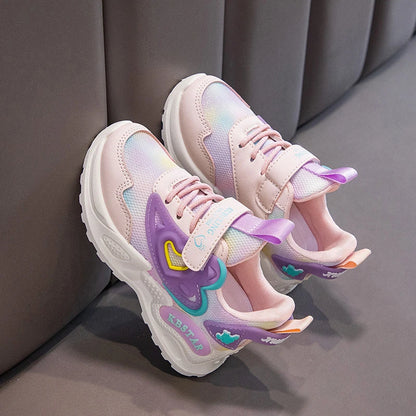 Girls Sports Shoes Kids Running Shoes Pink Breathable Air Mesh Heart Sweet Sneakers Cute Hook & Loop Children's Casual  Shoes